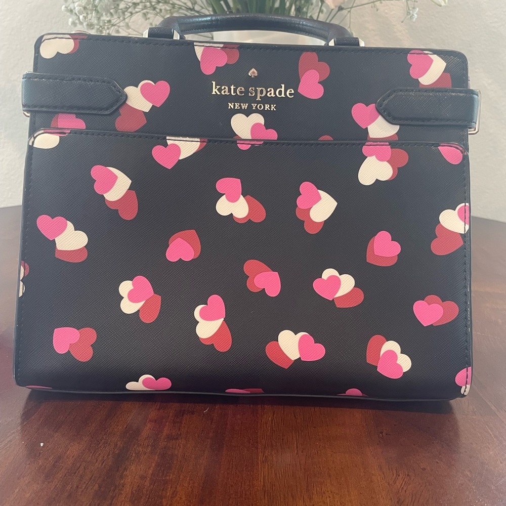 Kate Spade Staci Medium Top Zip Satchel Crossbody Flutter Heart Black Pink